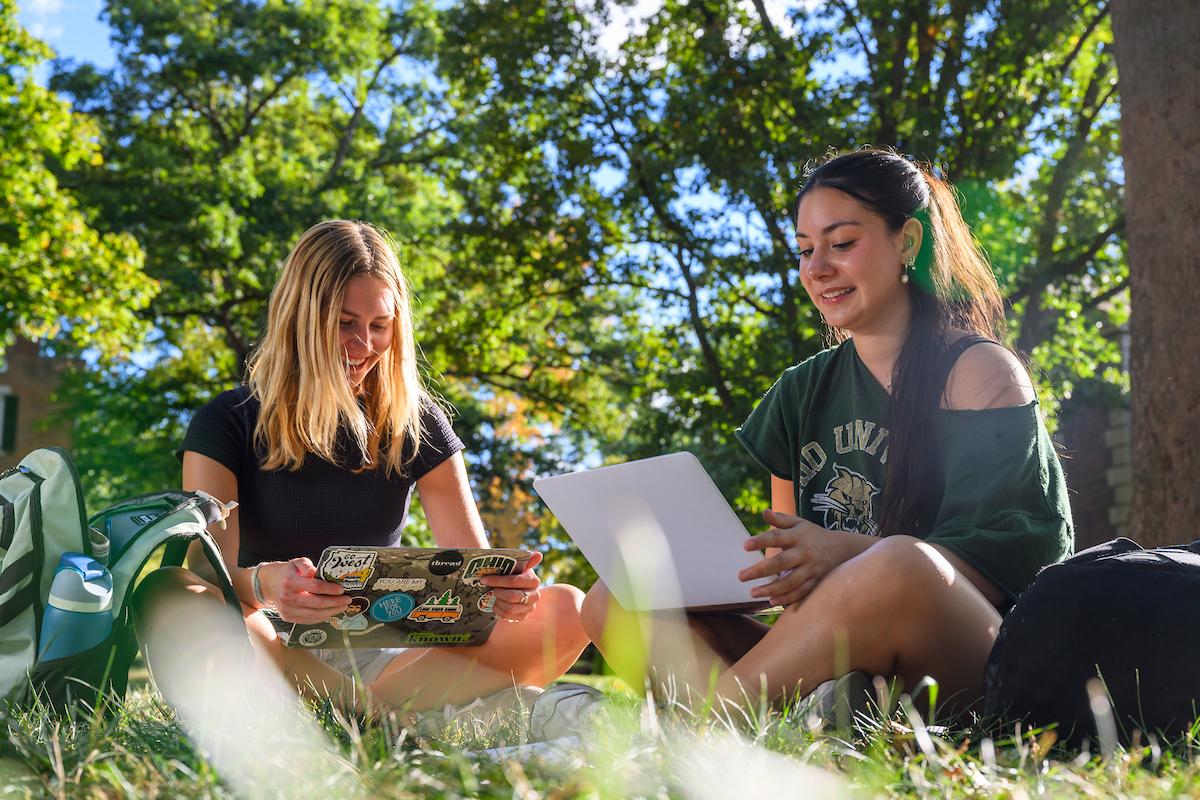 Two students smiling and working on their computers on college green during a sunny day.