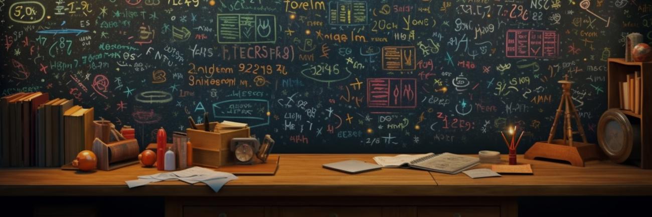 An old-fashioned math workstation with gadgets and a blackboard