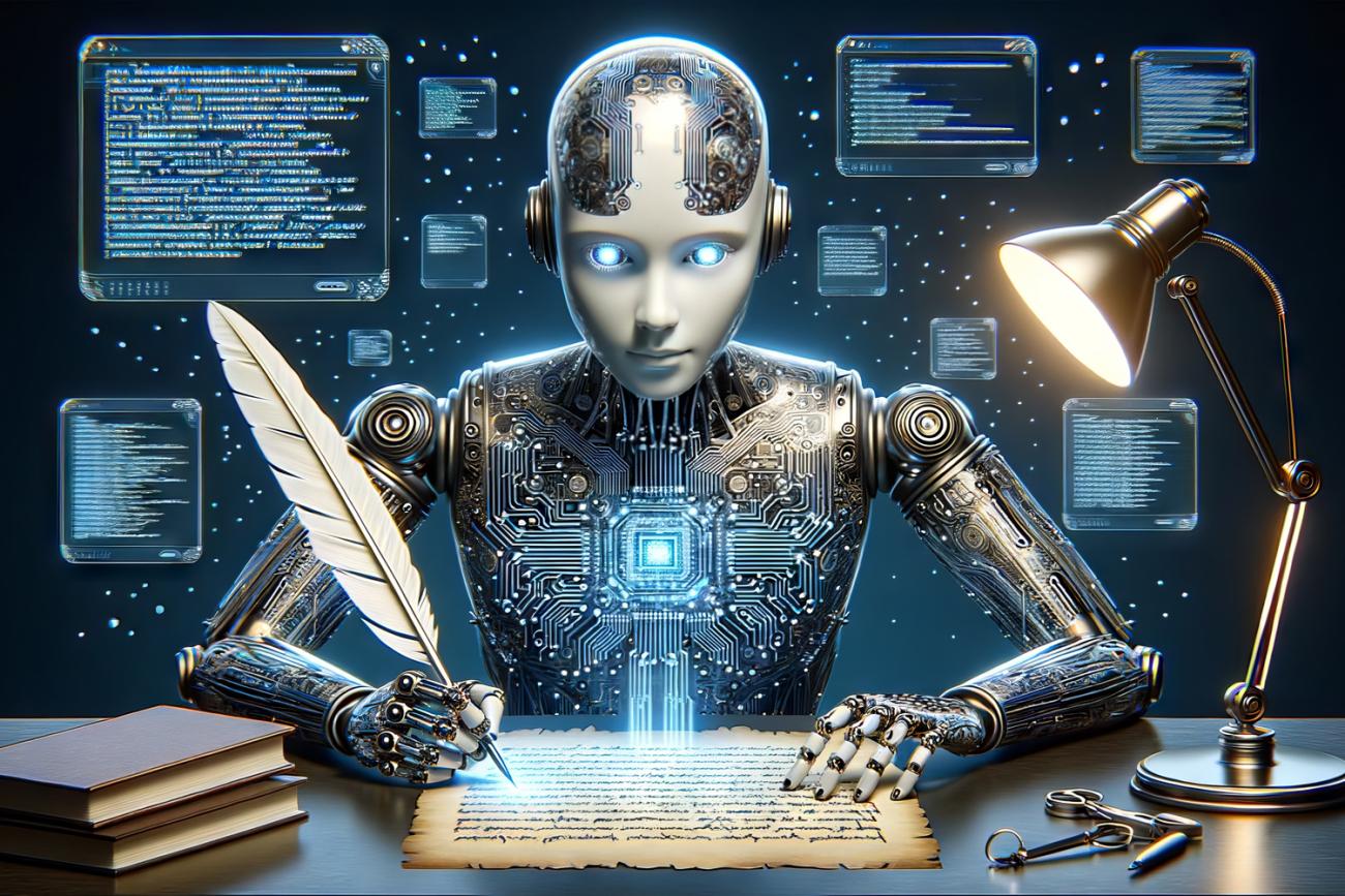 illustration of a generative AI robot writing with a quill pen