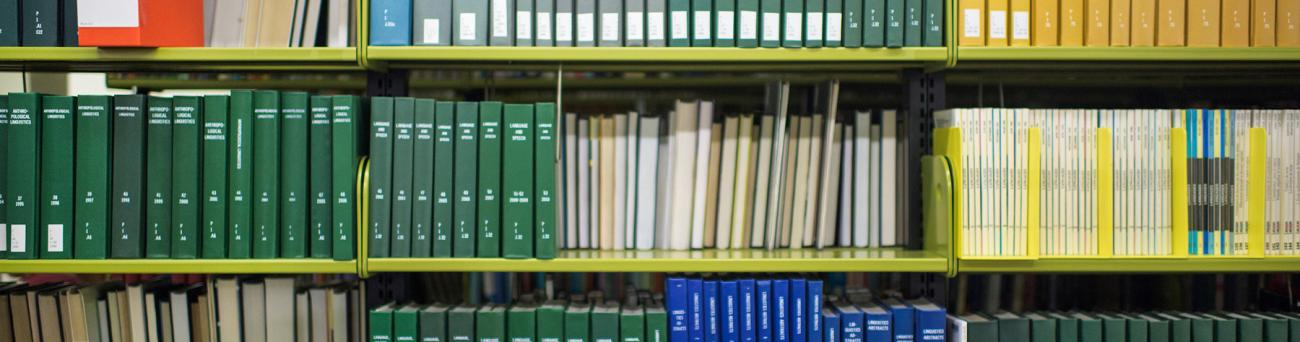 A view of the stacks in Alden Library.