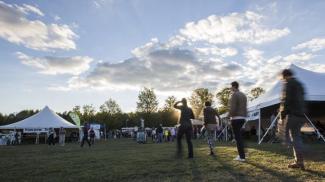 People walking around a festival with tents.