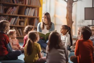 Teacher sitting on the floor reading to students.