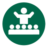 Illustrated person standing in the front of a row of students icon.