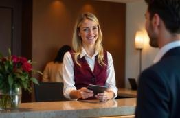 Women at a hotel front desk helping a man check in.