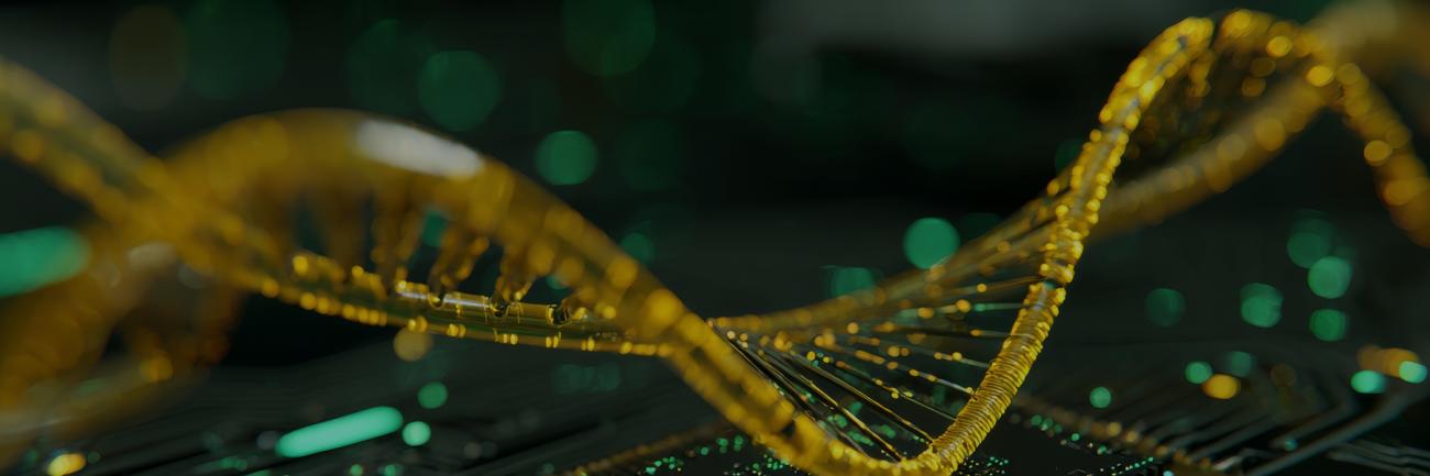 Illustration of futuristic DNA helix and microchip