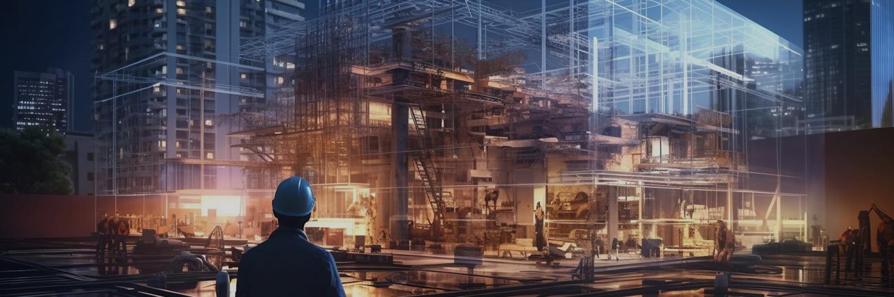 Illustration of a person standing in front of a futuristic building