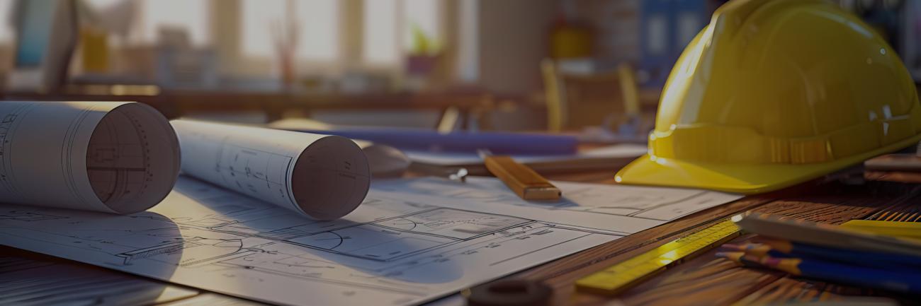 A desk and a hard hat