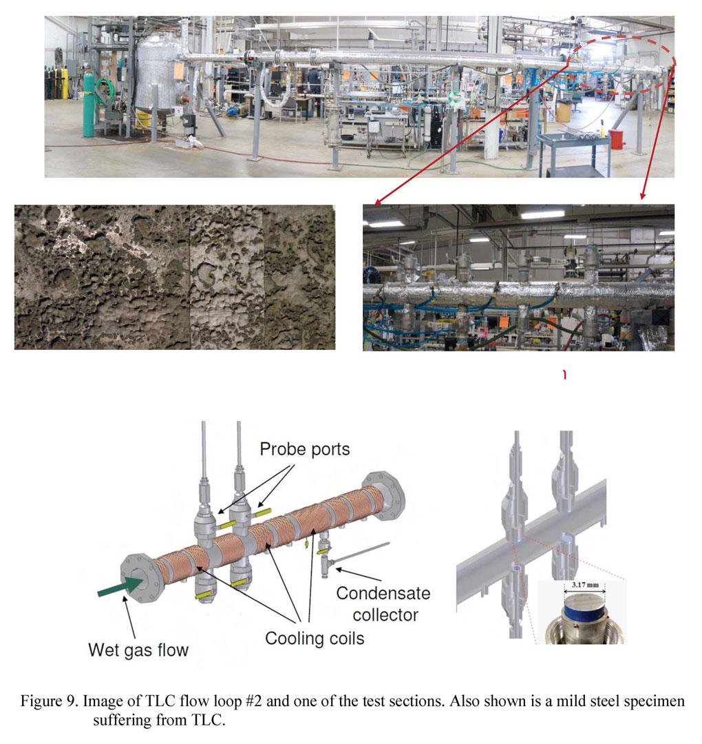 Image of TLC flow loop #2 and one of the test sections. Also shown is a mild steel specimen suffering from TLC