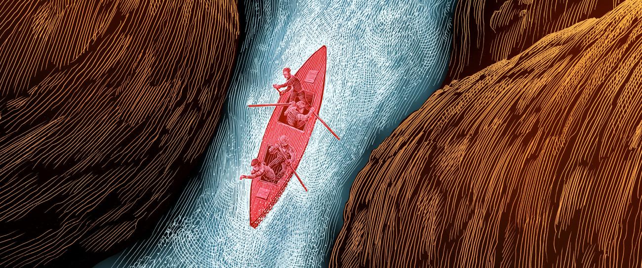 People on a canoe, going down a river