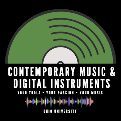 A logo with a vinyl record that says "Contemporary Music and Digital Instruments: Your tools, your passion, your music"