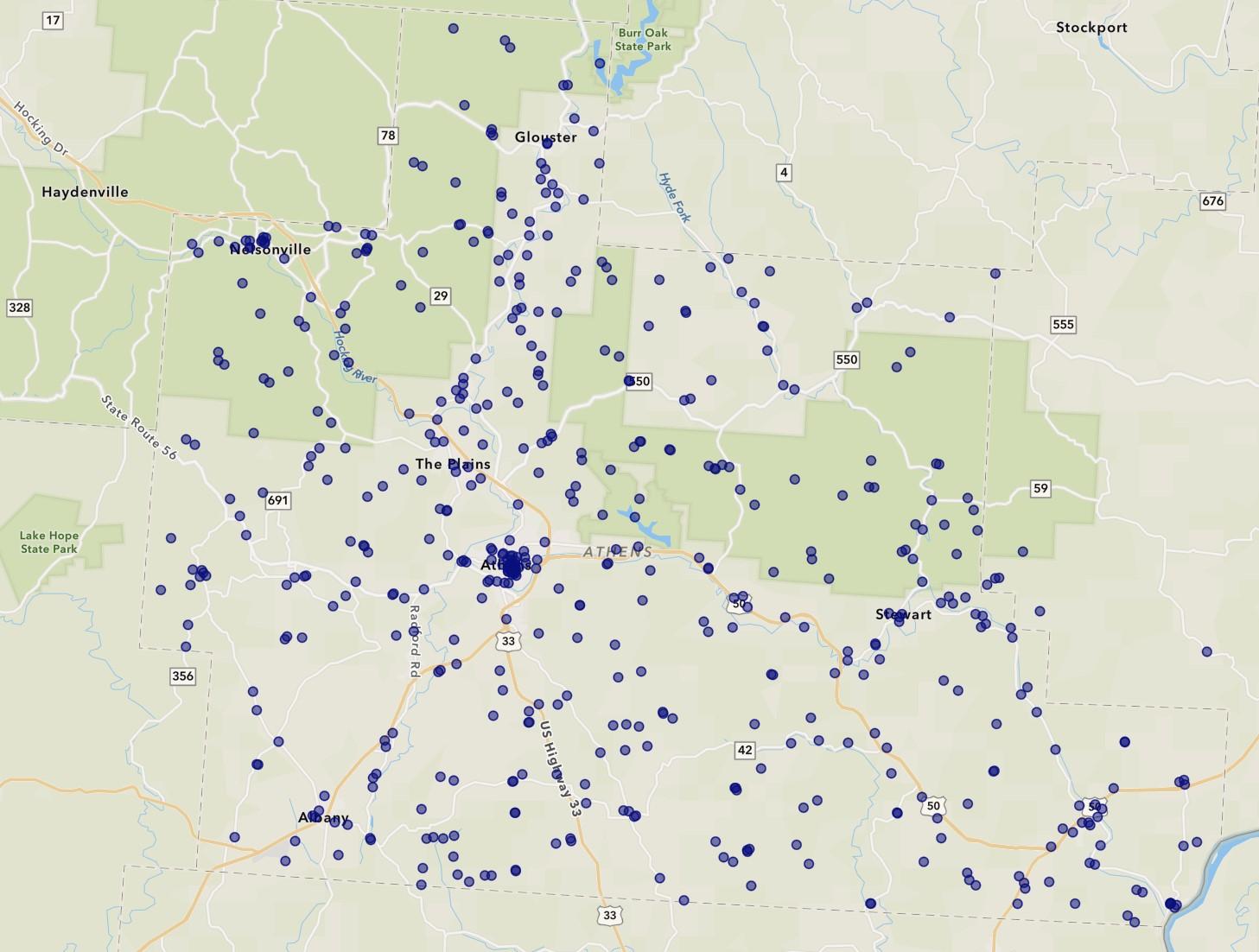 Snapshot of the W.E. Peters interactive map of Athens County, Ohio