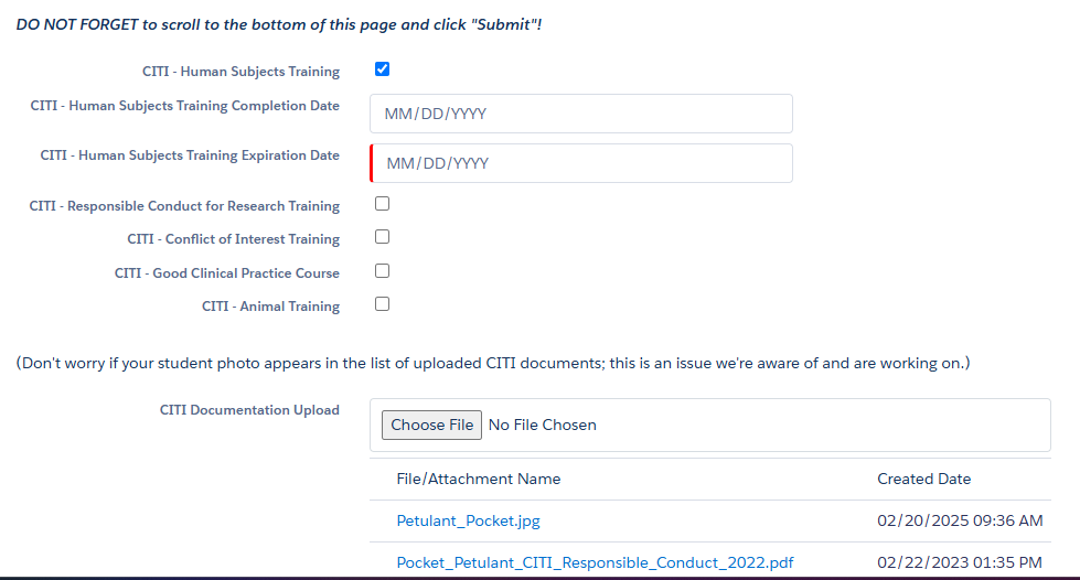 screenshot of citi training upload page