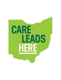 Light green silhouette of the state of Ohio with the text "Care Leads Here"
