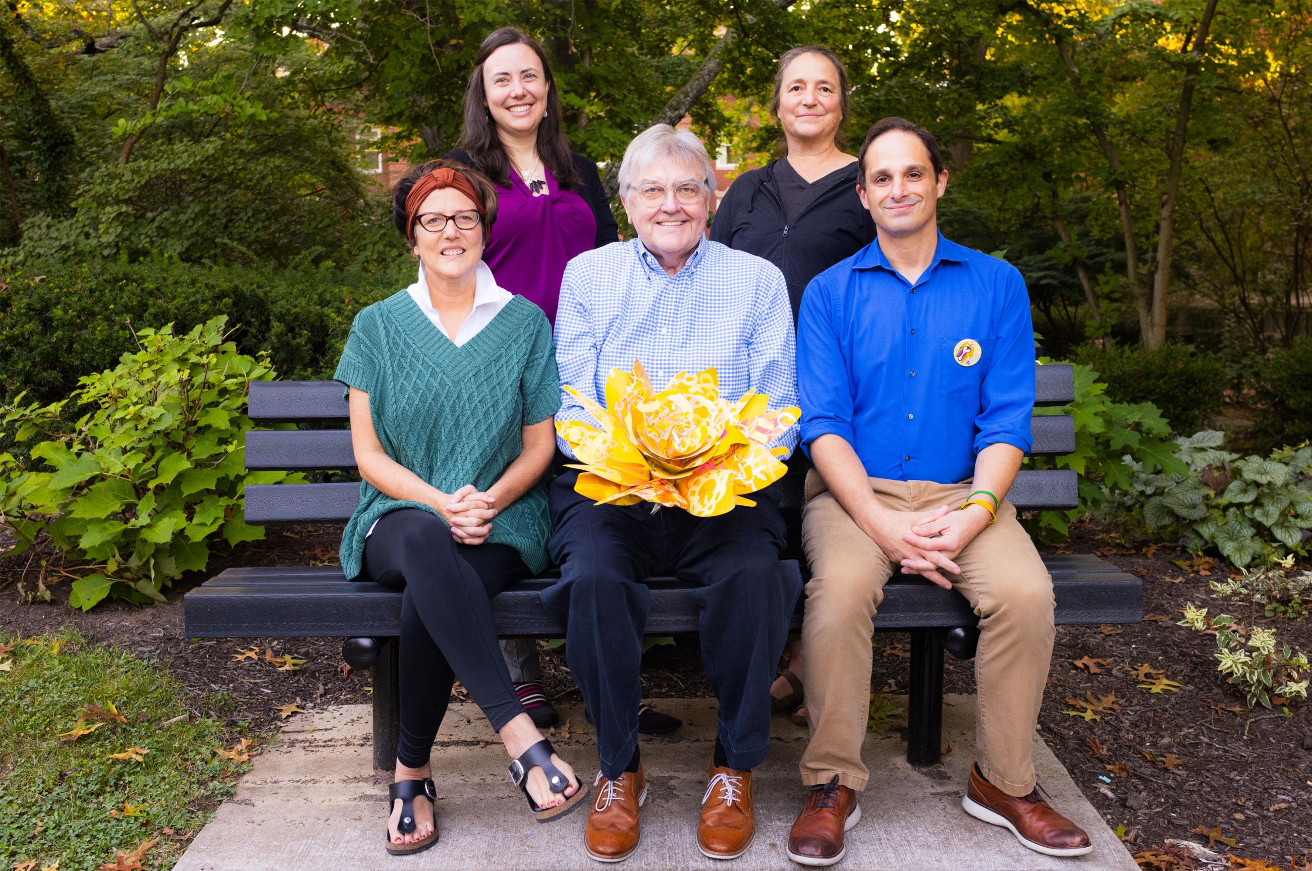 The leadership team at the Barbara Geralds Institute for Storytelling and Social Impact brings together changemakers from Ohio University and the Athens community to craft stories that shift narratives, amplify a diversity of voices, and create a more just and joyful world. From left: Co-Director Dr. Lynn Harter, Chief Video Producer Megan Westervelt, Co-Director Emeritus Tom Hodson, Community Fellow Patty Mitchell, & Associate Director Joe Bianco.