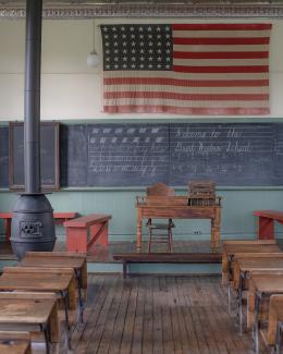 An interior view of the Greate Western Schoolhouse.