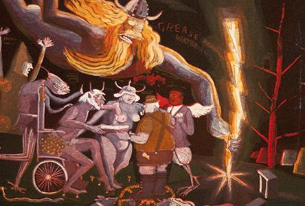 Warrington Colescott, The Secrets of Lithography are Revealed to Alois Senefelder (detail), 1979, color intaglio
