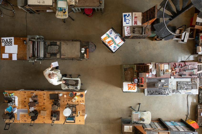 Aerial shot of an artist's workspace