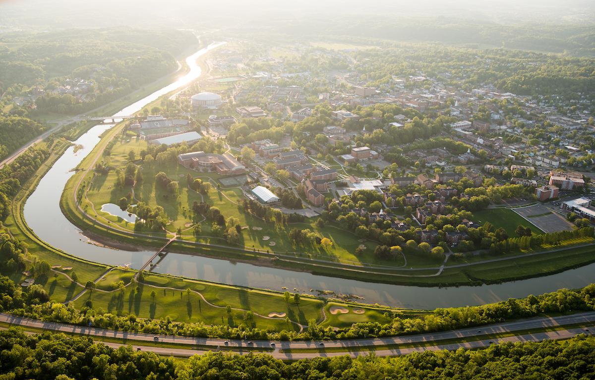Aerial view of Ohio University's Athens campus at sunset