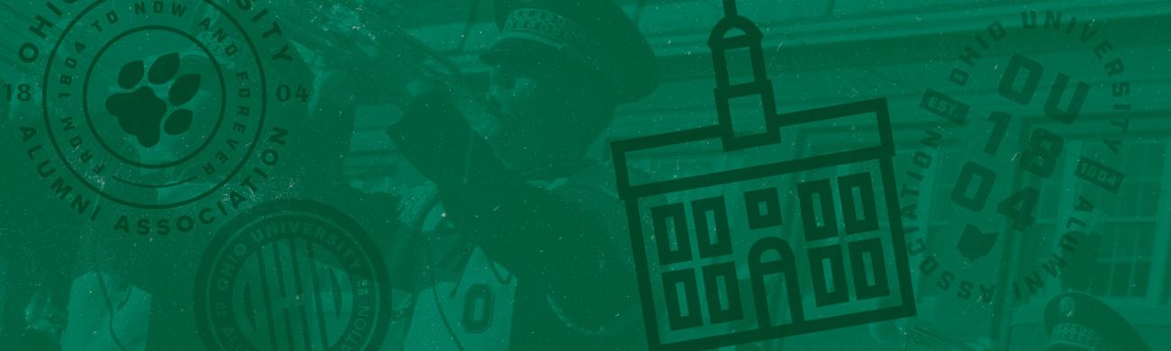 Green textured background featuring a Marching 110 trumpet player and an overlay of Ohio University Alumni Association icons