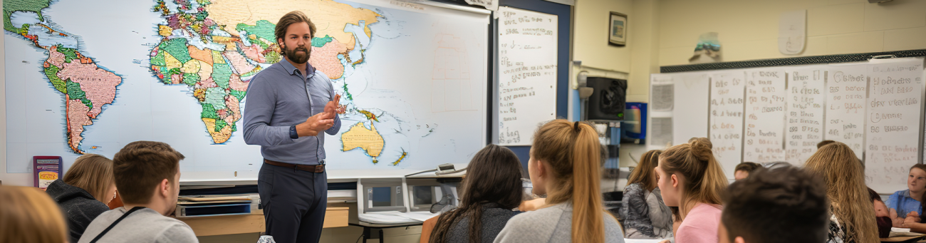 A teacher in front of a classroom of students