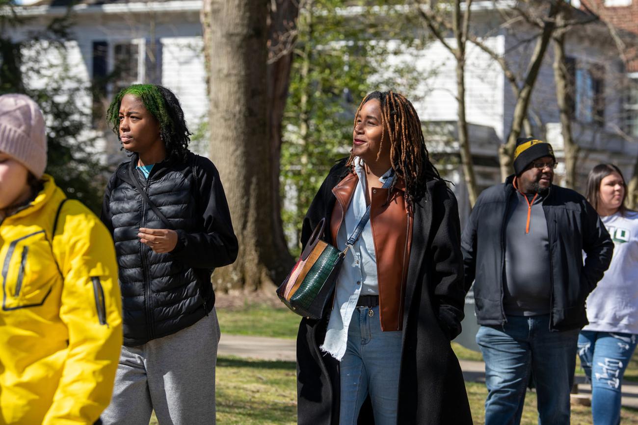 International students walking on campus. 