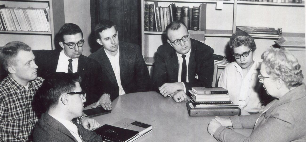 Black and white historical photo of Ohio University Eastern faculty and students