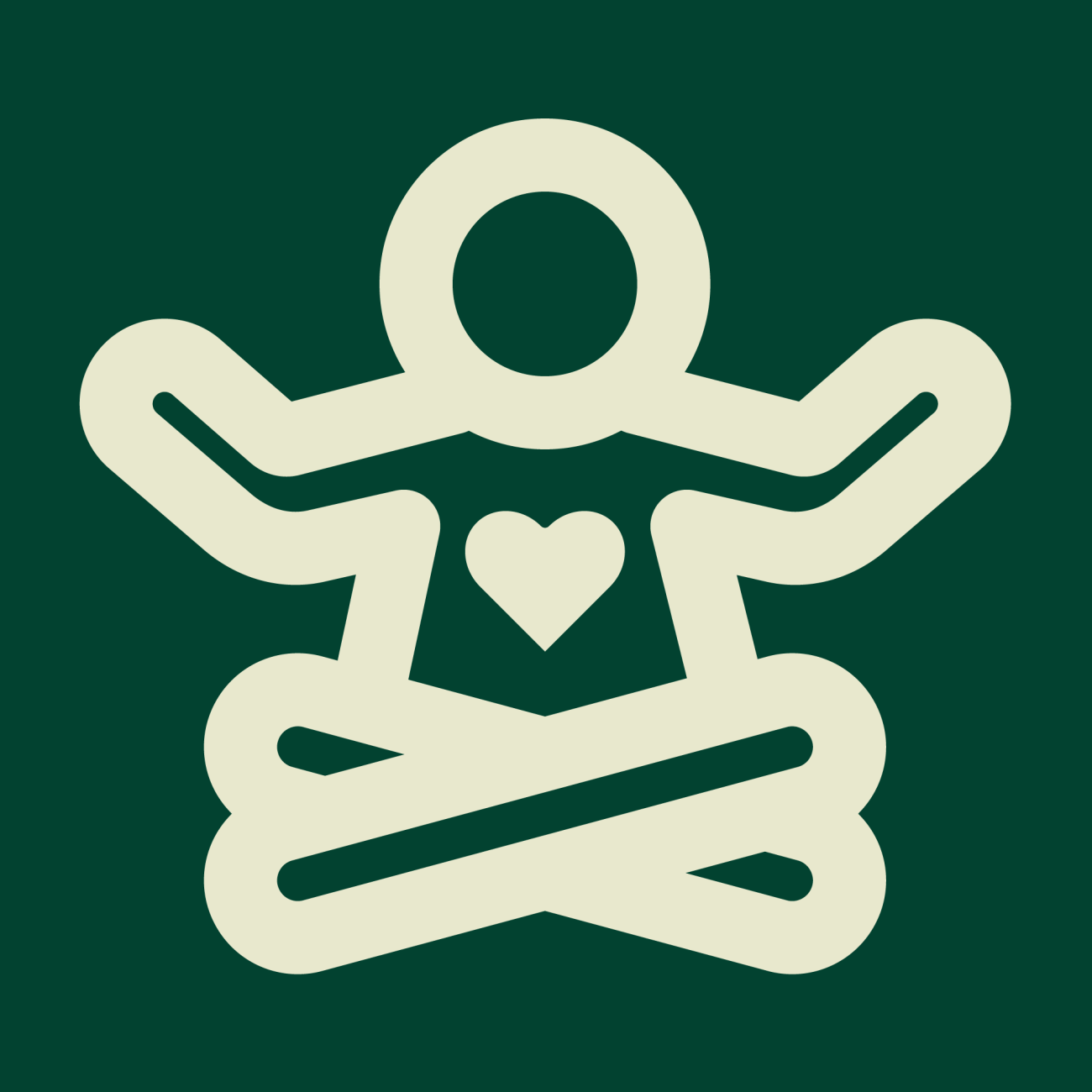 A dark green icon with a person on it, with crossed legs and a heart