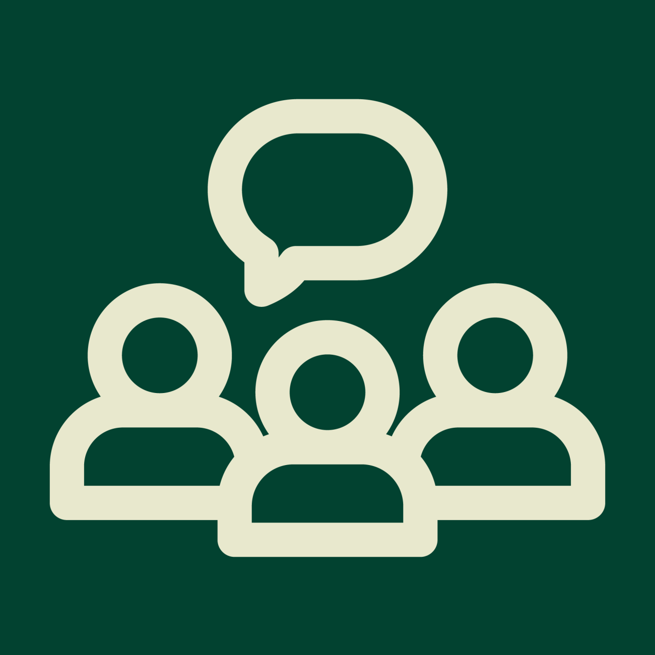 A green logo with an icon of a group of people talking