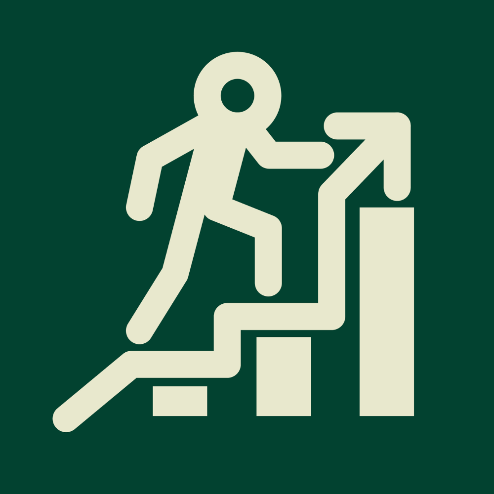 A green logo with a white outline going up steps