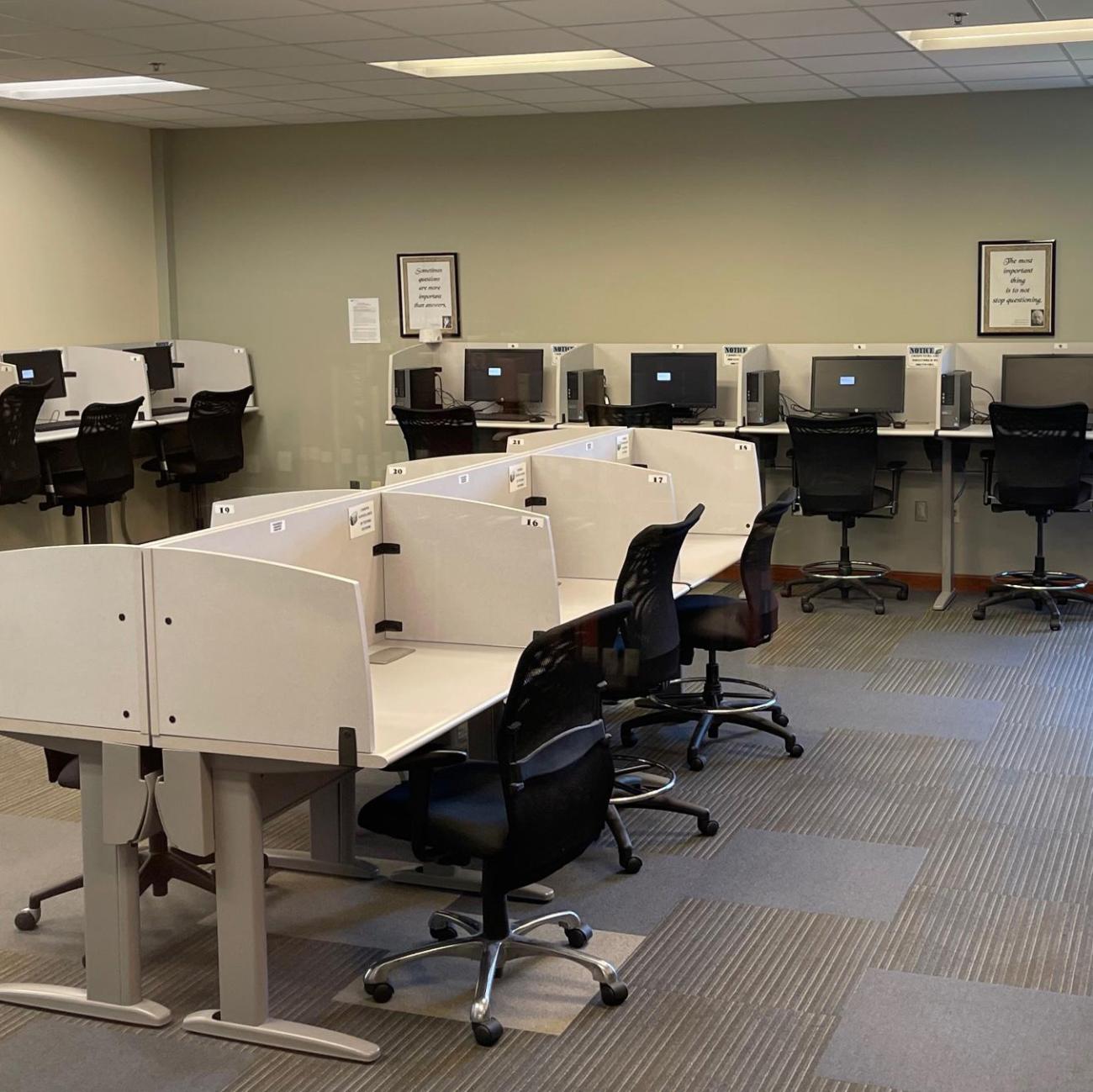 Desks and chairs in the Lancaster Campus Testing Center.
