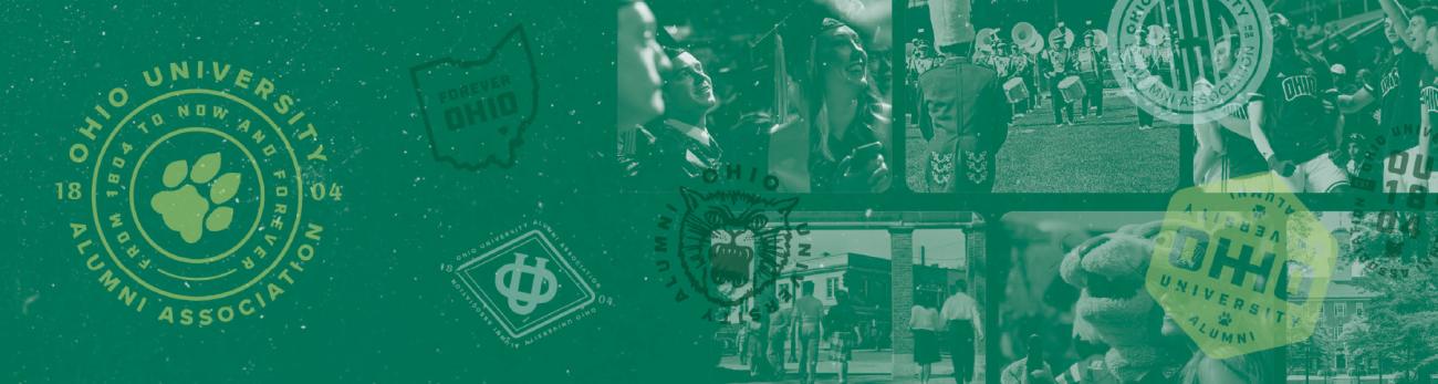 Ohio University images and logos with green overlay and OUAA logo.