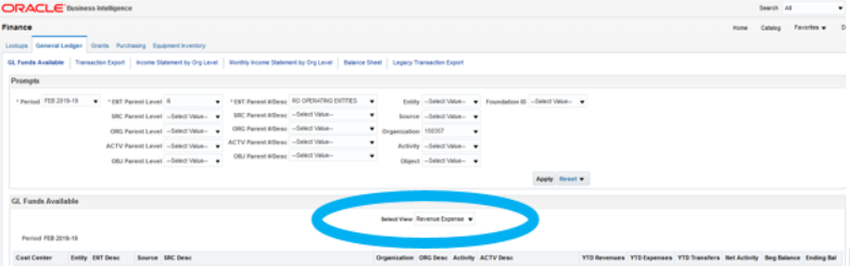 The current default view is “Revenue Expense” 
