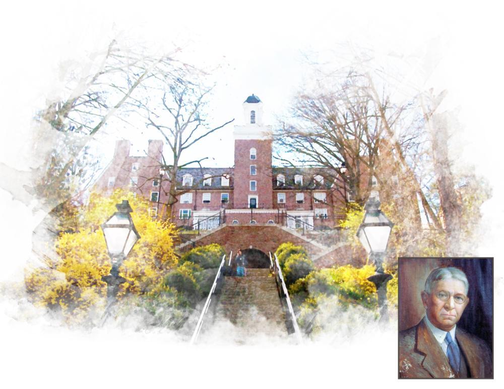 Bryan Hall in water color with a portrait of Elmer Bryan in the lower right corner