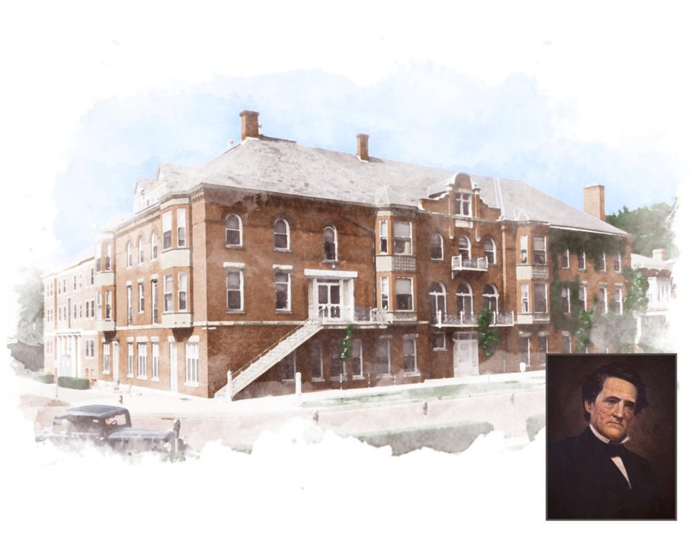 Howard Hall in water color with a portrait of Soloman Howard in the bottom right hand corner