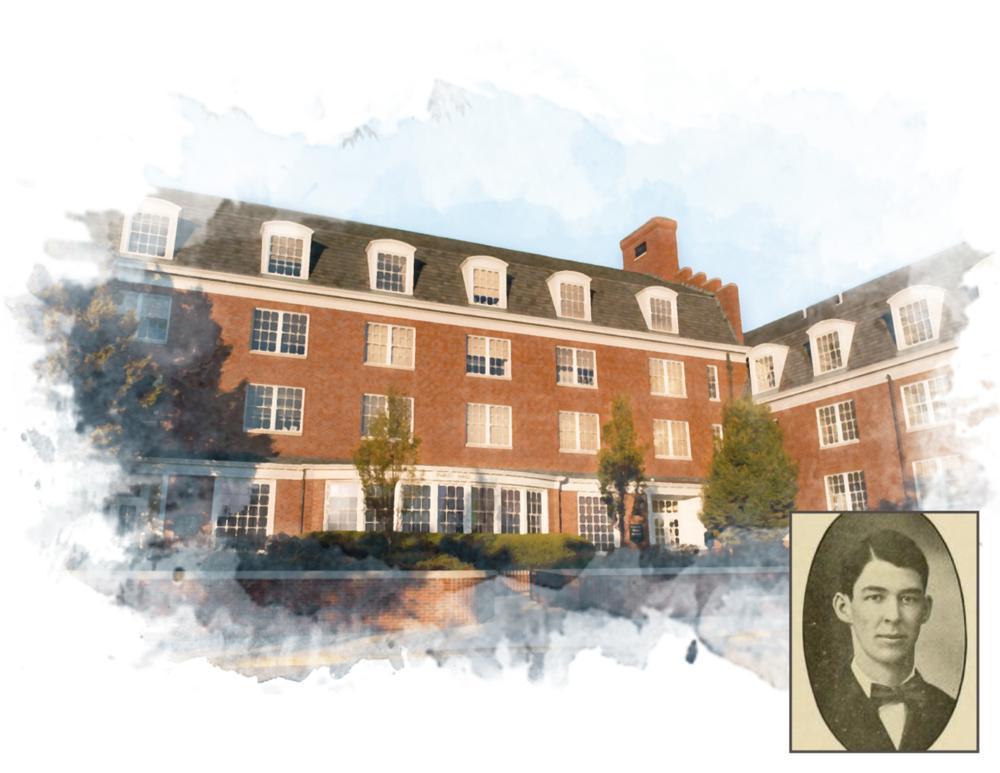 Parks Hall in water color with a portrait of George Parks in the bottom right hand corner