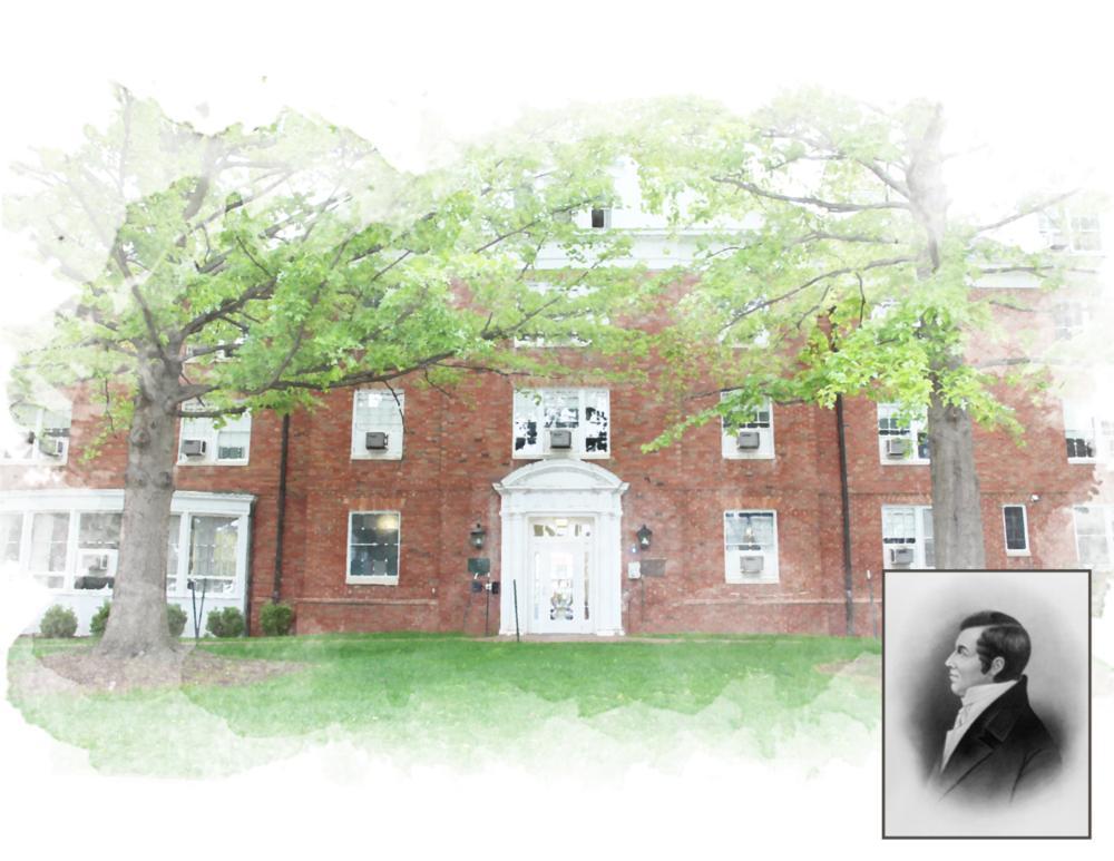 Tiffin Hall in water color with a portrait of Edward Tiffin in the lower right hand corner