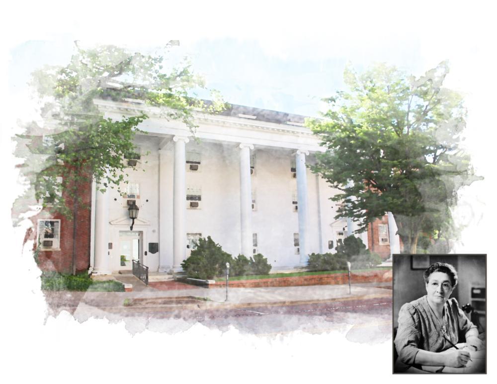 Voigt Hall in water color with a portrait of Irma Voigt in the bottom right corner