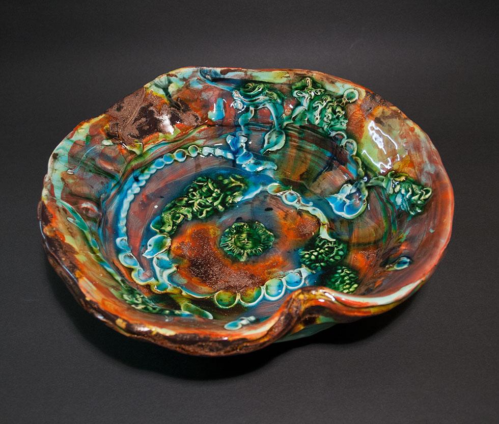 Large Serving Bowl, 2013, Lisa Orr, earthenware with slips, sprigs and polychrome glazes, 3.5 in. x 13 in. x 13.25 in. (8.9cm x 33cm x 33.7cm), 2013.03.01. Gift of the artist.
