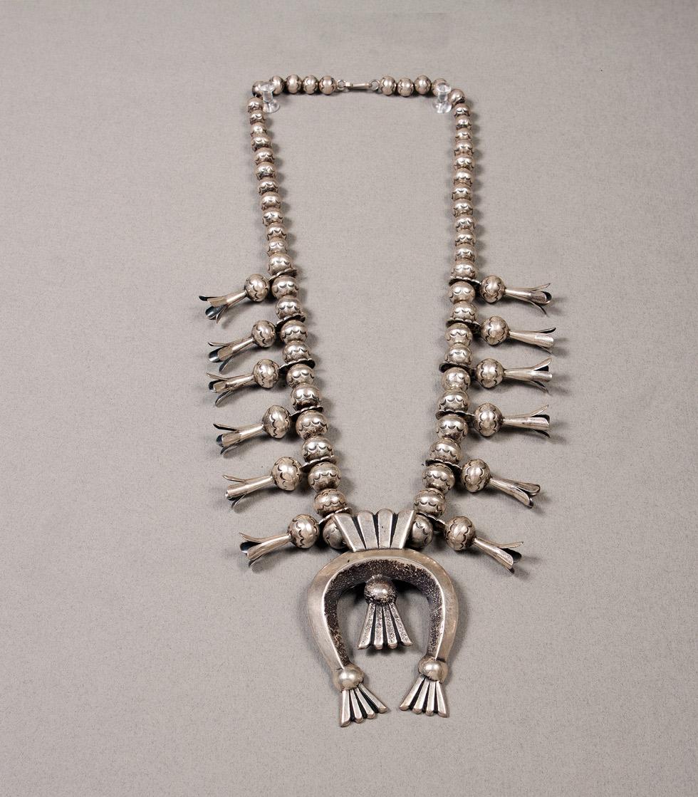 Silver Squash Blossom Necklace, date unknown, John Burnside, Navajo, 89.016.304. Gift of Edwin L. and Ruth E. Kennedy.