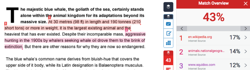 A screenshot of the Turnitin originality checker, which is highlighting sentences in a student submission that are similar to sources like Wikipedia and National Geographic.