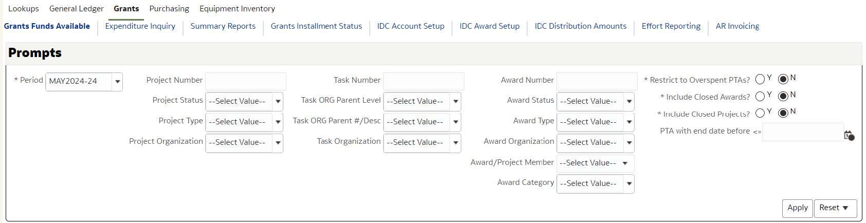 Grants Funds Available, OBI Dashboard