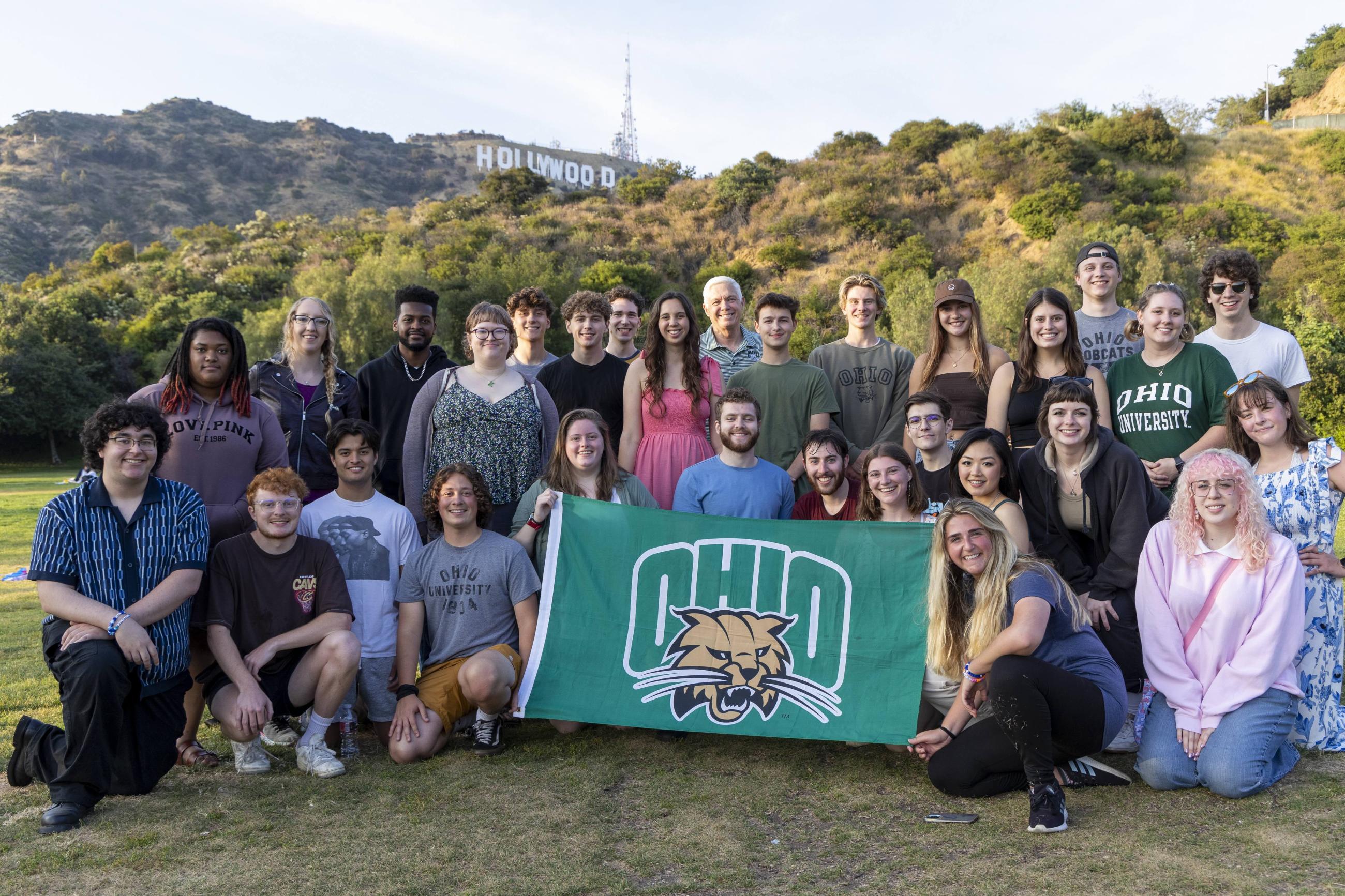 Group photo of OHIO in LA participants in front of the Hollywood sign in Los Angelas