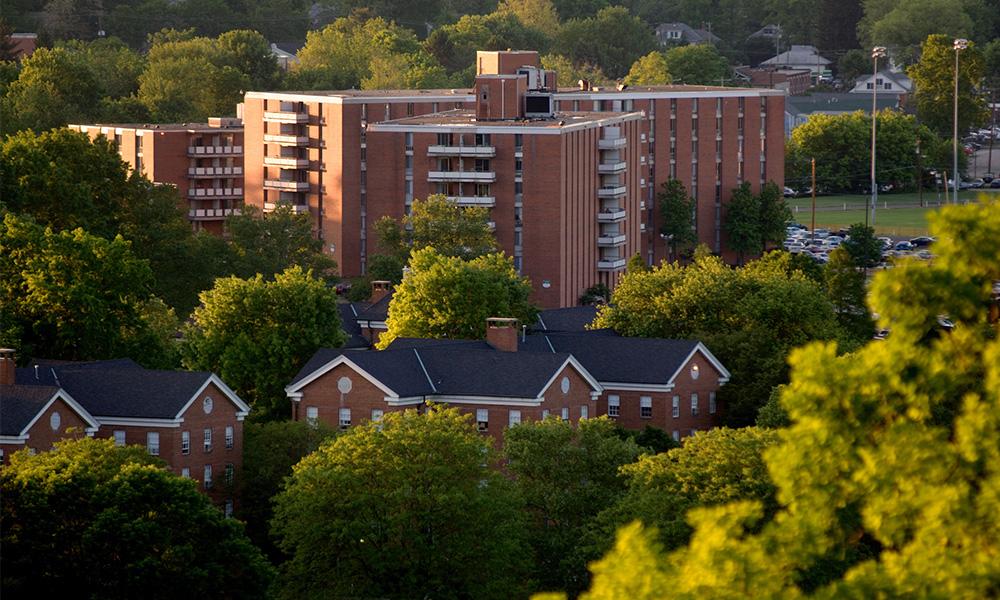An aerial view of some apartment buildings in Athens, Ohio.