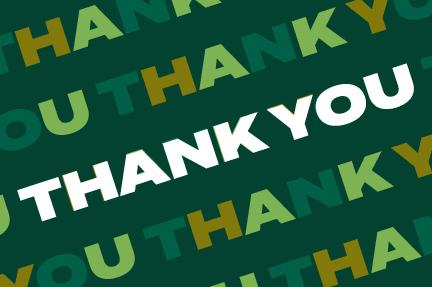 Thank You written diagonally using different colors overlaying a dark green background