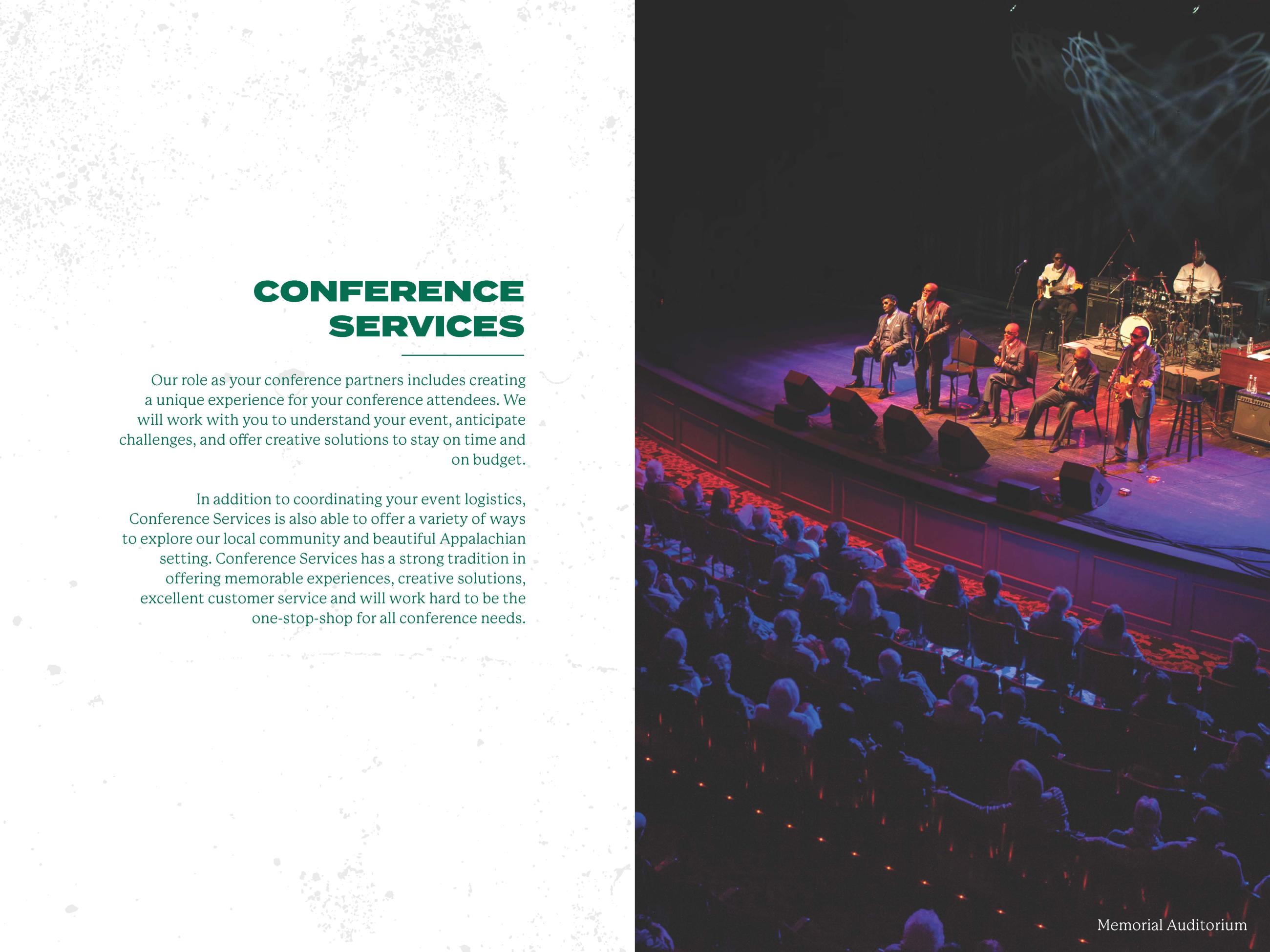 Memorial Auditorium performance of a jazz band and text about Conference Services on the right