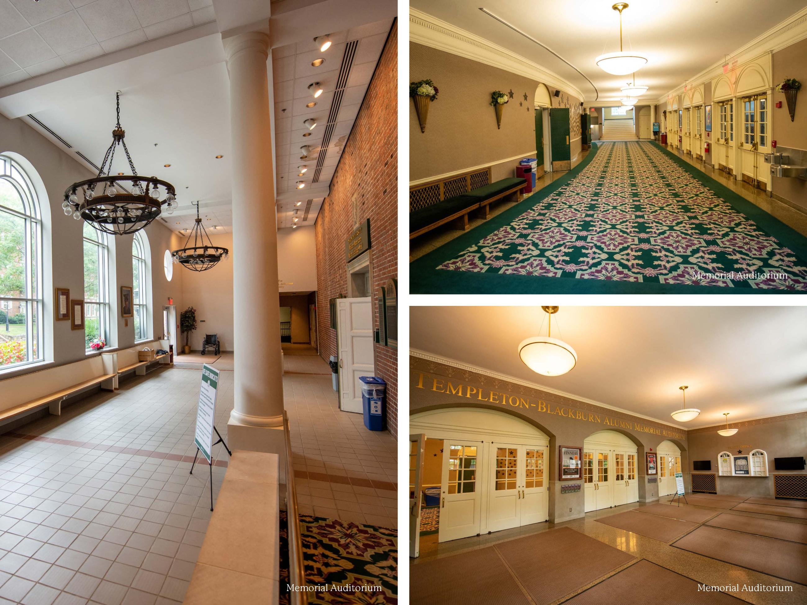 three images of Memorial Auditorium. One is the lobby, the other the hallway, and the other the outside lobby by the ticketing window