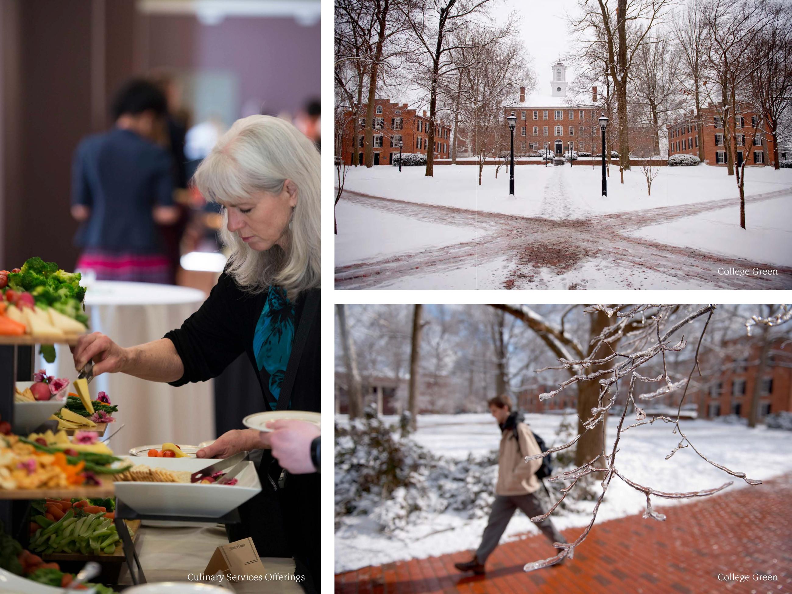 three images; one of someone putting cheese and salad on their plate from a buffet line, the other of a snowy College Green, and the last of a student walking on a snowy path on College Green