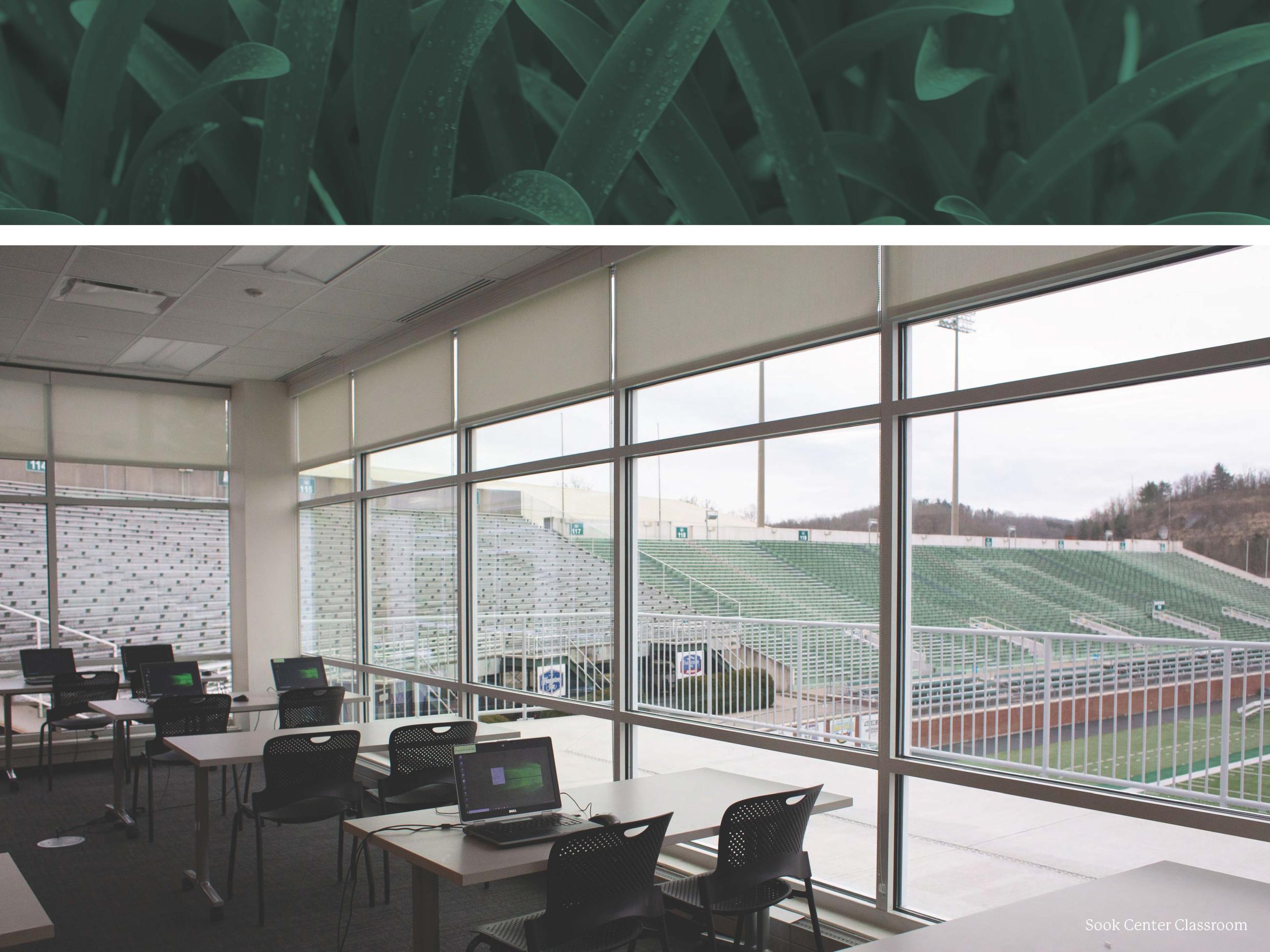 empty classroom overlooking the football field at Peden stadium