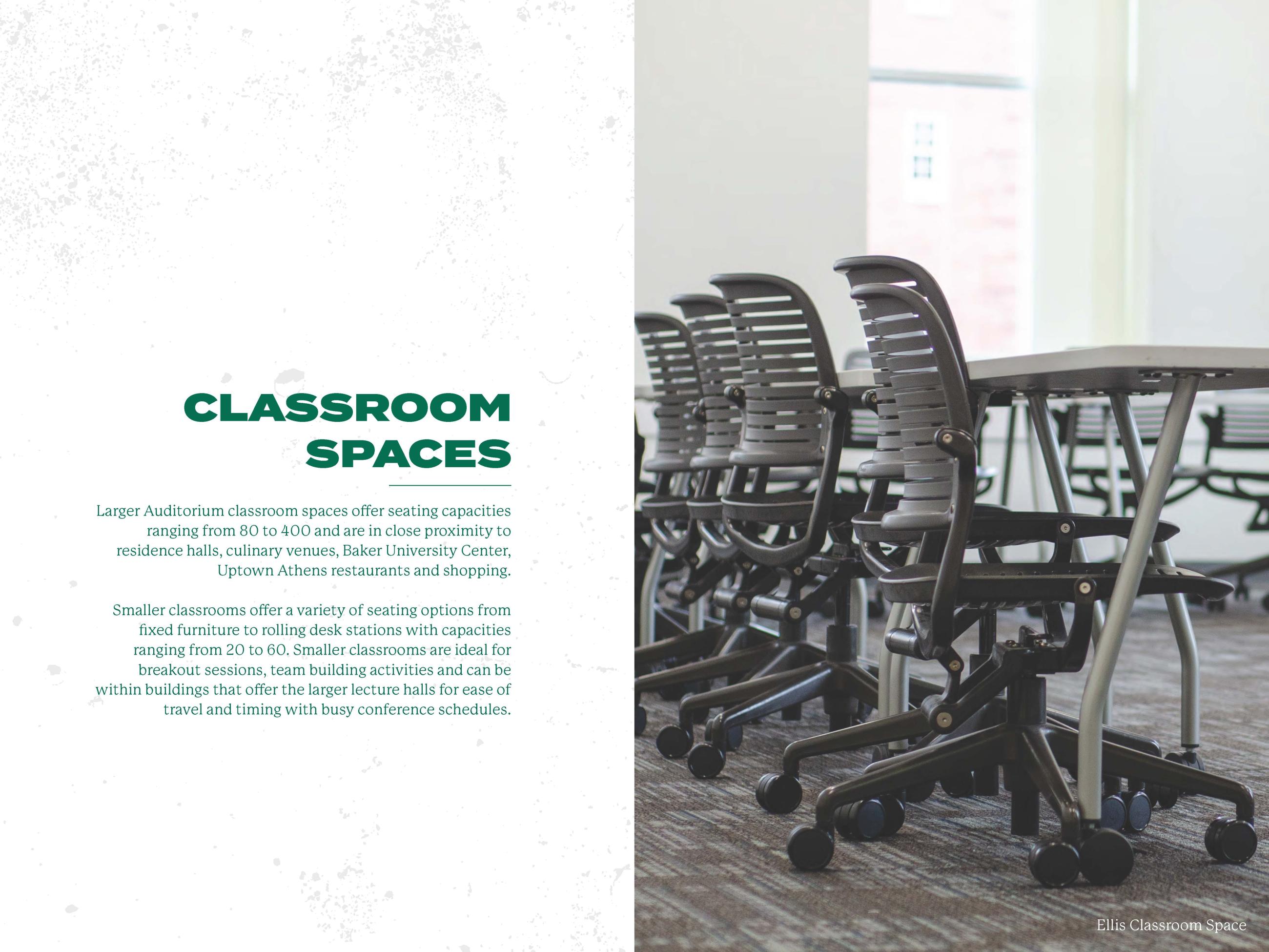 empty chairs at a long table and text about classroom spaces to the left of the image