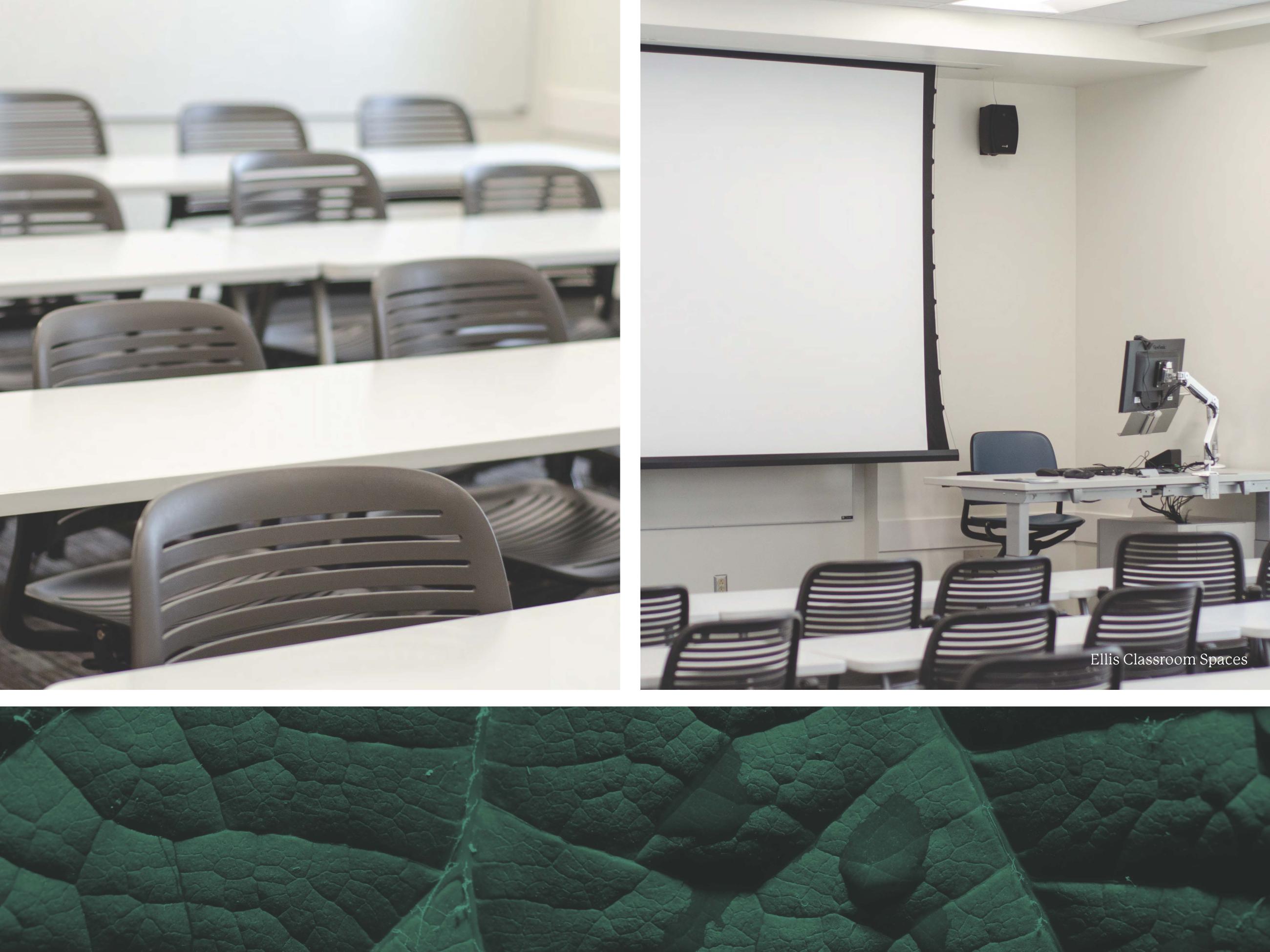 two photos of empty chairs in Ellis Hall classrooms